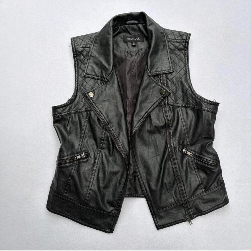 New Look Black Faux Leather Quilted Biker Moto Vest Size M Goth Punk New Wave